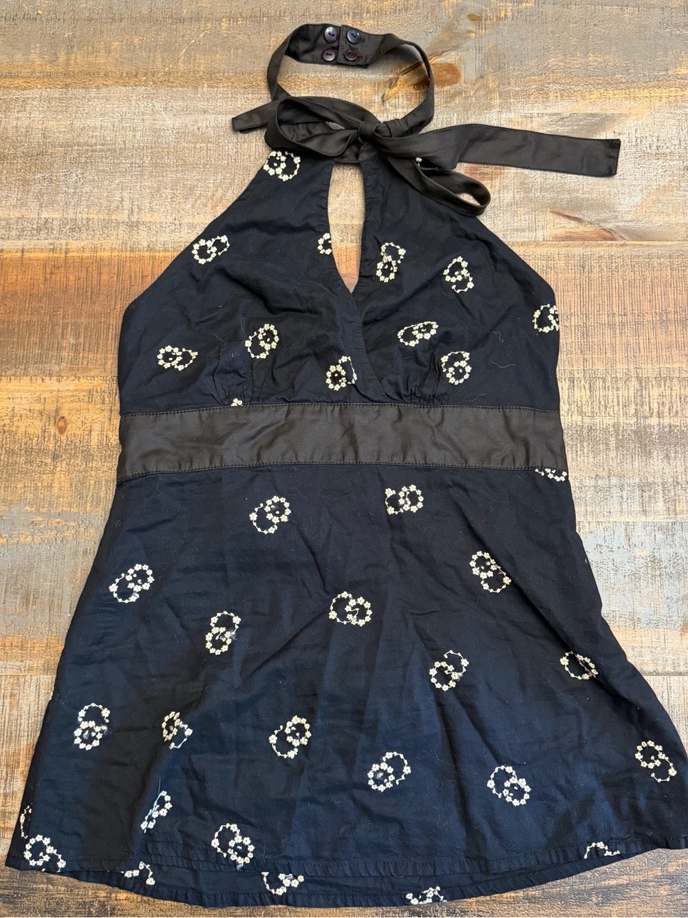 Anthropologie Odille Black Floral Embroidered Halter top Vintage Y2K
